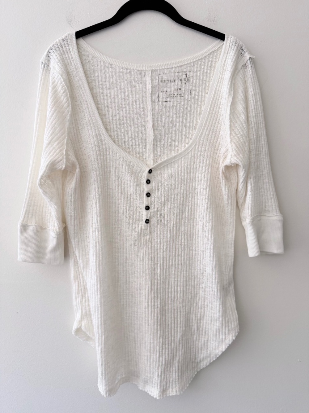 We the Free Cream Lightweight Ribbed Knit Henley Tee Top 3/4 Sleeve Button Front